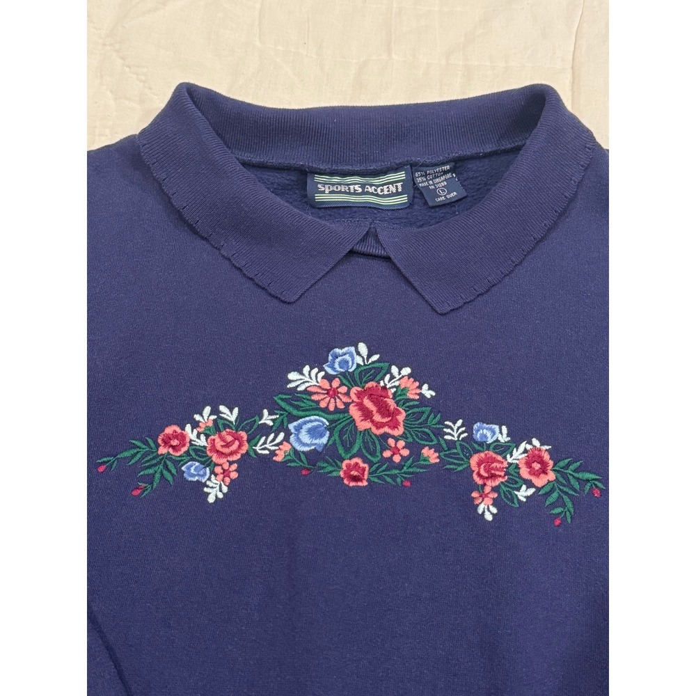 Sports Accent Navy Blue Floral Embroidered Polo Collar Sweatshirt Womens Large - Picture 2 of 5